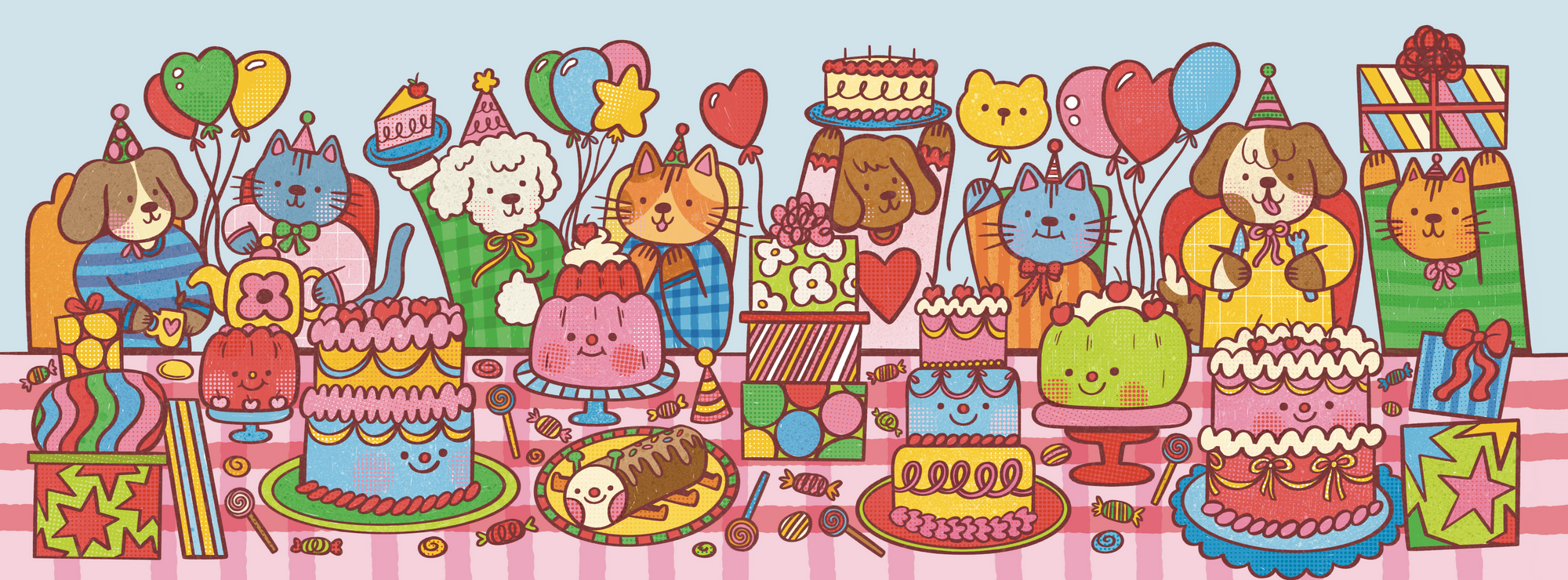 Colourful drawing of cats and dogs at a table with cakes and presents