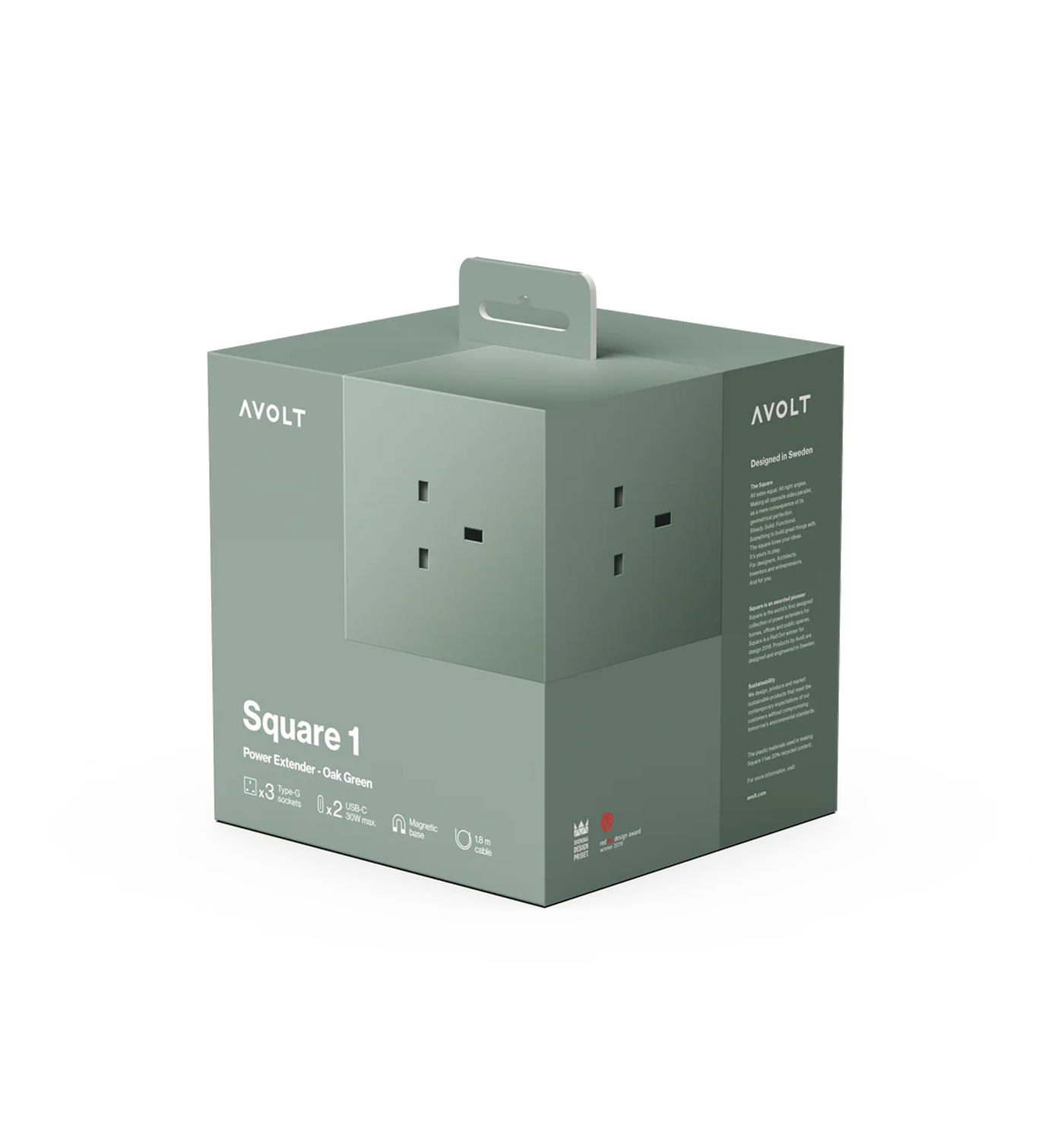 Square 1 Multi-Socket Extension Lead, Oak Green